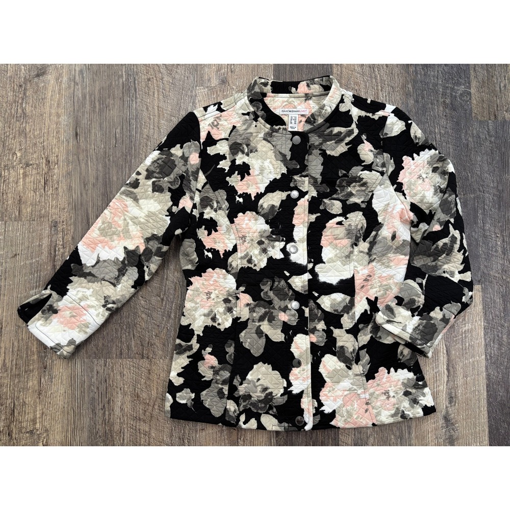 Isaac Mizrahi Live Floral‎ Quilted Jacket Black Pink Mock Neck Snap Front XXS
